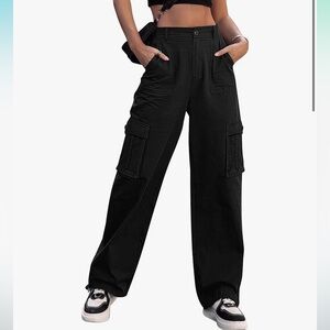 High Waisted Wide Leg Black Cargo Pants